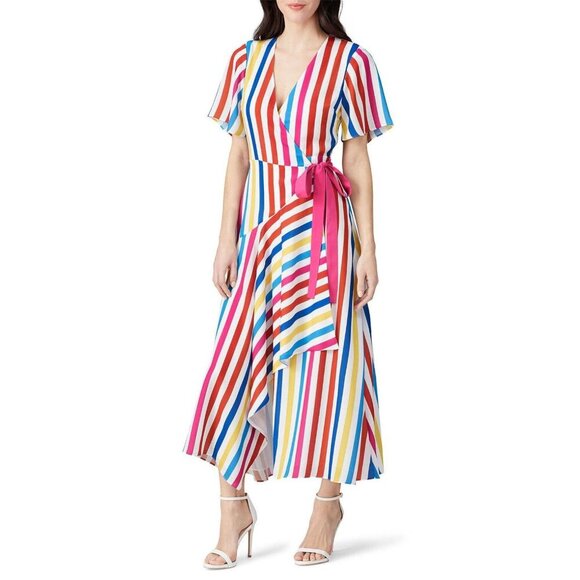 Color Me Courtney Taira Multicolor Striped Short Sleeve Wrap Midi Dress Size S - Picture 1 of 8